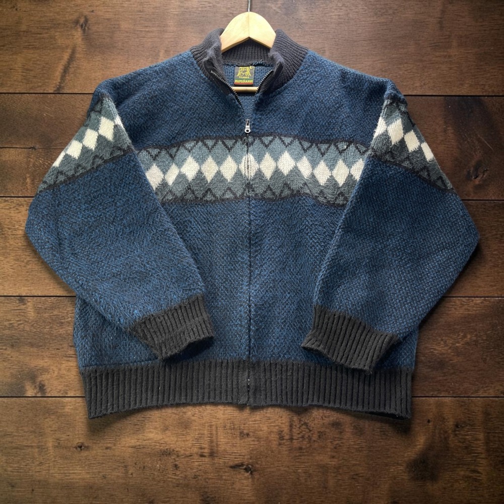 Otavalo Ecuador Nordic Diamond Knit Quarter Zip Mock Neck Sweater Mens L Blue